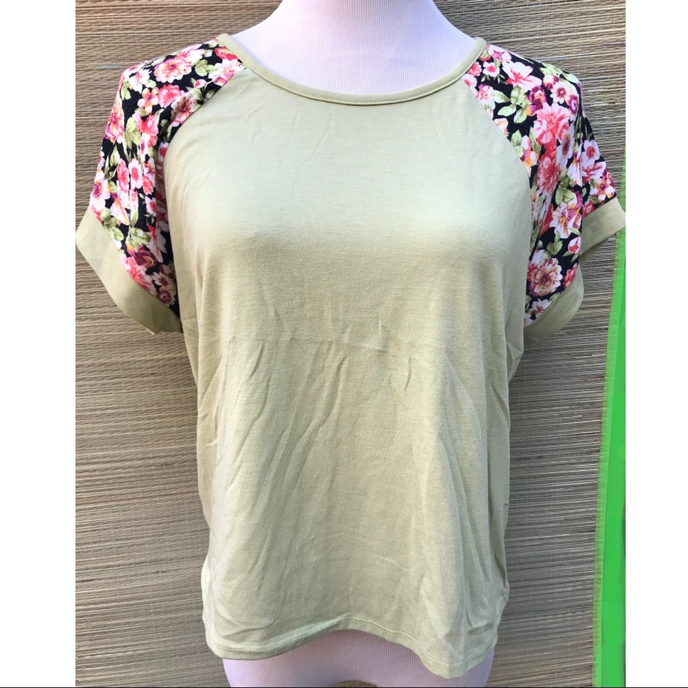 Pistachio colored Tee with Floral Shoulders